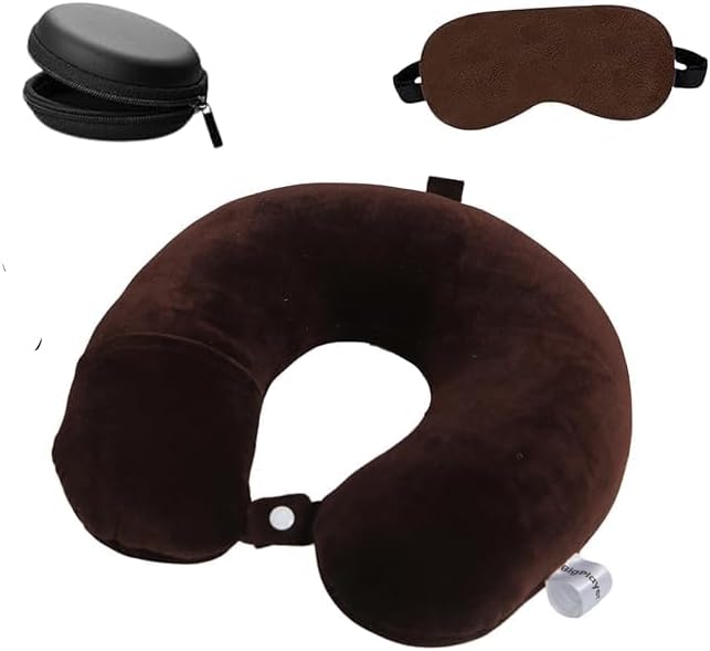 AvolusionNeck Pillow for Travel & Comfort, Travel Essential, Neck Pain Relief for Flights & Cars, Car Neck Rest Car Pillow with Velvet Fabric Eye Mask and Earphone Case