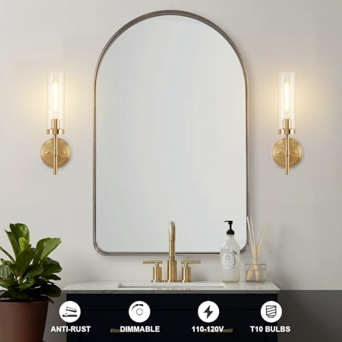 Gold Wall Sconces Set of 2, Modern Bathroom Sconces Wall Lighting Vanity Light Fixtures with Clear Glass, Brushed Brass Wall Mount Lights for Living Room Corridor Mirror Bedroom Stairs - Image 4