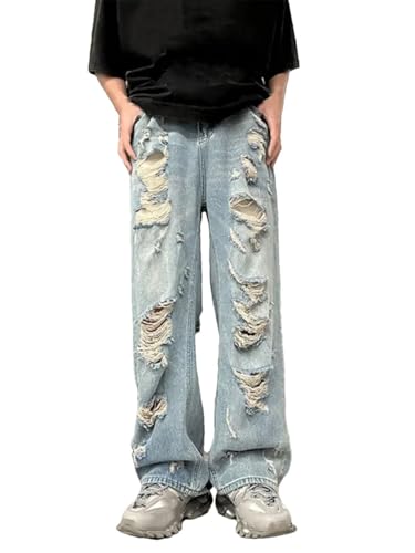 Men's Denim Pants Vintage Distressed Straight Leg Style Loose Fit High Waisted Thin Jeans