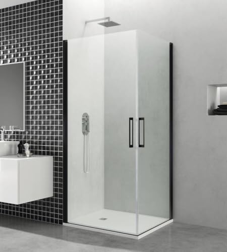 GME   Mampara Ducha Negra Angular 2 Puertas 55x65cm | Mampara de Cristal con Perfilería de Aluminio y 195cm de Altura | Cristal Templado 6mm Antical Y Cierre Magnético
