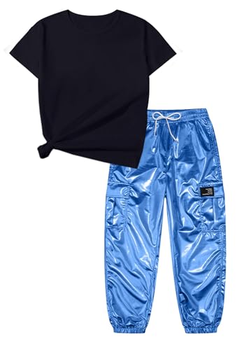 SANGTREE 2 Piece Clothes Set For Girls,Cute Short Sleeve Printed Tops and Cargo Jogger Pants Summer Clothes Set，4T-14Years