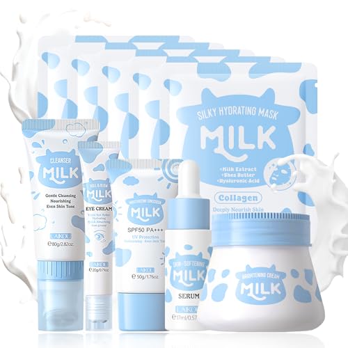 Milk Skincare Set -10PCS Milk Skincare Set for Teenagers Girls - M-ilk Beauty Gift Sets with Cleanser, Eye Cream, Sunscreen, Serum, Face Cream, Facial Mask - Facial Kits for Women