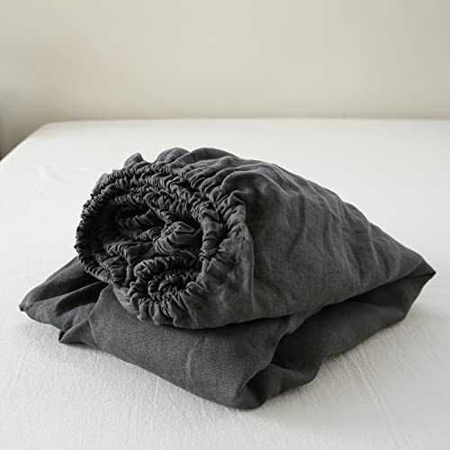 King Linens 100% Linen Fitted Sheet Stone Washed Solid Color - (1 Piece) 14 Inch Deep Pocket Mattress Cover Soft Natural Breathable Farmhouse - Dark Grey, King Size #TOP4