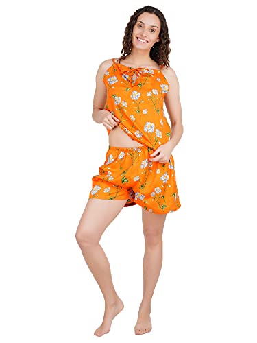 Image of Women's American Crepe Floral Orange Night Suit Set of Top & Shorts