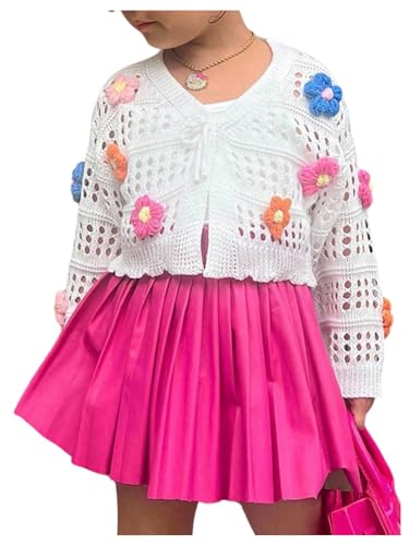 Verdusa Girl's 3D Floral Crochet Cardigan Sweaters Vacation Hollow Out Tie Knot Knit Outerwear