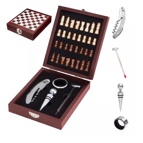 Kit para Vinho 5 Peças com Jogo de Xadrez, Inclui Saca-Rolhas, Tampa de Vinho, Termômetro, Anel Salva-gotas, 32 Peças de Xadrez Estojo Luxo em Madeira 14x17x5cm, Aço Inox, Elegância e Praticidade