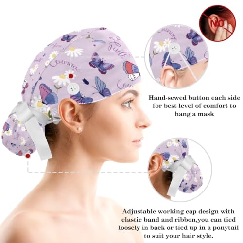 Image of Butterfly Scrub Cap Women with Ponytail & Buttons Adjustable Surgical Nurse Hat with Cotton Sweatband for Long Hair