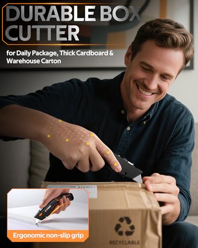 Image of VOTREK Box Cutter Utility Knife, [2-in-1] Retractable Box Cutter, with Blade Storage, Safety All Metal Heavy Duty Sharp Razor Knife for Home & Warehouse Cardboard, Carton, with Extra Blades