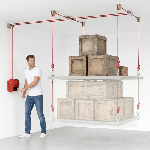 Overhead Garage Storage Lift Hoist 400 lbs Ceiling Garage Hoist System with Hand Crank Heavy Duty Double Rope Pulley Lift Adjustable Garage Organizer for Bikes Kayaks & Storage Bins (No Platform)