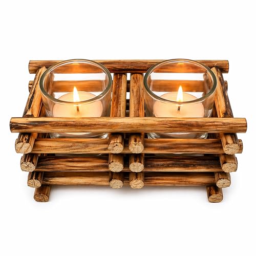 Image of VR ANGEL Wooden Tea Light Candle Holder with Glass Cup Rustic Log Style Square Lantern for Home Decor Wedding Table Centerpiece, Living Room Garden Decoration (2 Pcs)