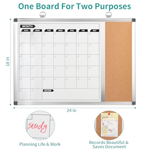 Magnetic White Board Calendar Dry Erase Cork Board Combination, 24 x 18 Inch WhiteBoard Calendar for Wall, Aluminum Frame for Office Home and School