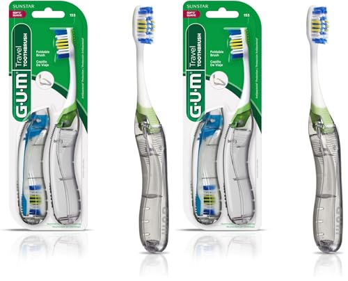 Image of GUM Folding Travel Toothbrush, Compact Head + Tongue Cleaner, Soft Bristled Travel Toothbrushes for Adults, 2ct (Pack of 2)