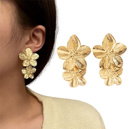 Par de Pendientes Doble Flor Dorada, Grandes Diseño Pétalo, Metálicos Hipoalergénicos - Regalo Aniversario Boda