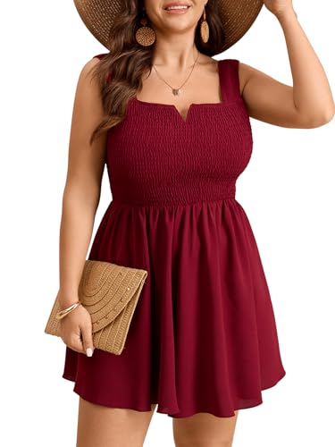 SHESTARR Women Plus Size Rompers Summer Casual Smocked Square Neck Loose Shorts Jumpsuit Beach Boho Sleeveless Overalls