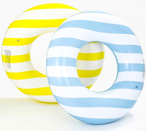 2 Pack Large Inflatable Pool Float for Adults 36 Inch Classic Striped Swim Rings Swimming Pool Tubes for Teens Summer Beach Themed Party (Blue-Yellow)