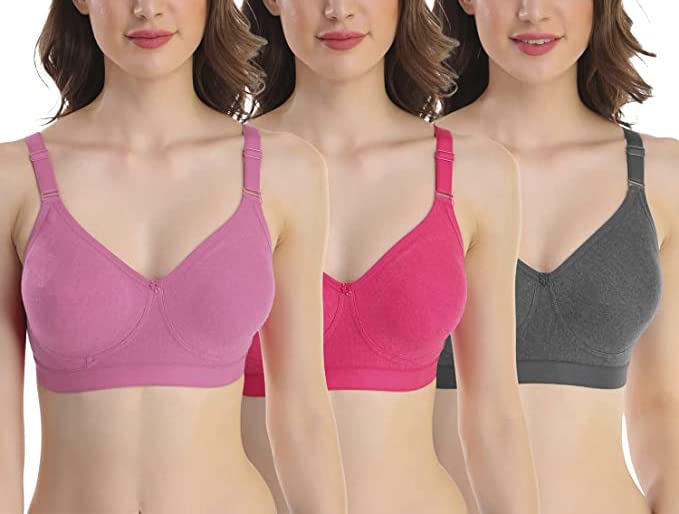 Image of SKDREAMS Blue & Brown & Purple-32D Cotton Blend Seamless Non Padded Non-Wired Full Coverage Pack of 3 Women T-Shirt Bra Combo
