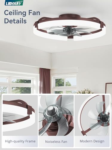Image of LEDIARY 20 inch Ceiling Fans with Lights and Remote, Modern Low Profile Ceiling Fan, 3 CCT, Stepless Dimmable, Fandelier Flush Mount Fan Light, 6 Speeds, DC Motor, App & Remote Control for Bedroom(Brown)