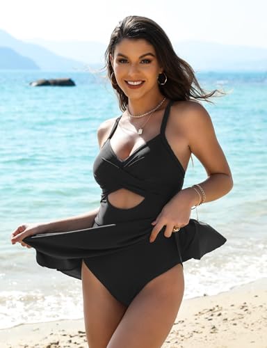 Womens One Piece Swimsuit Cut Out Cross V-Neck Swimdresses with Tummy Control Bottom Bathing Swim Suit Women 20254