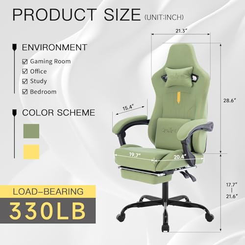 Image of Gaming Chair with Footrest Ergonomic Computer Chair Massage Lumbar Cushion, Racing Video Game Chair Adjustable Rocker Recliner Executive Office Desk Chair Fabric for Adults, Green