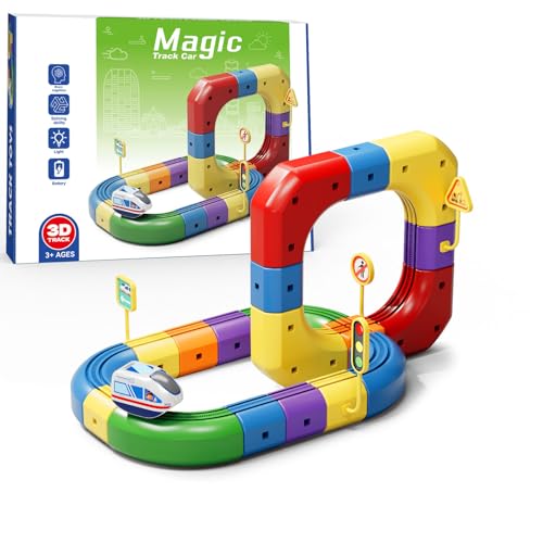 Magical Track Car Toys,Flexible Car Track Magical Train Set,DIY Race Car Track Building Kits with Train and Traffic Signs,for 4-8 Year Old Boy Toys Boys Girls Birthday Party Gifts (51PCS)