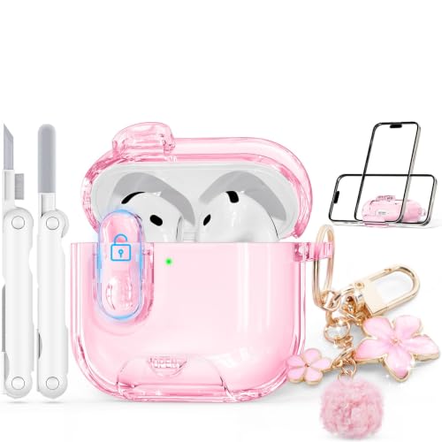 Clear Case for AirPods 4 Case Cover with Safety Lock,Soft TPU Cover with Phone Stand & Cleaning Kit,Cute Bling Keychain for Women Girls-Clear Pink