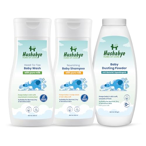Image of Hushabye Head to Toe Baby Wash (200ml), Nourishing Shampoo (200ml) & Dusting Powder (100g) with Milk Protein | pH Balanced for All Skin Types | Newborn Care Gift Set, Combo Pack of 3