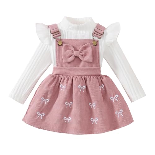UUAISSO Ropa Para Bebé Niña Pequeña Tops de Punto Acanalados Manga Larga Falda con Tirantes de Pana y lazo Conjuntos Vestido rosa 12 18 meses