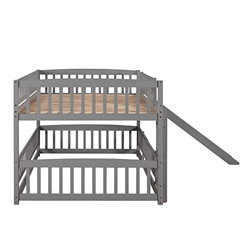 Full Over Full Low Bunk Bed With Slide And Fence Railings Wood Floor Bunk Beds With Ladder For Toddler Kids Boys Girls Teens, Gray #TOP5