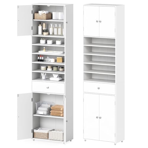GIANTEX Armario Alto de Baño, Mueble Columna con Cajón, 4 Puertas y 5 Estantes Abiertos, 50x24x180cm, Estantes Ajustables, Kit Antivuelco, Mueble Organizador para Cocina, Salón (Blanco)