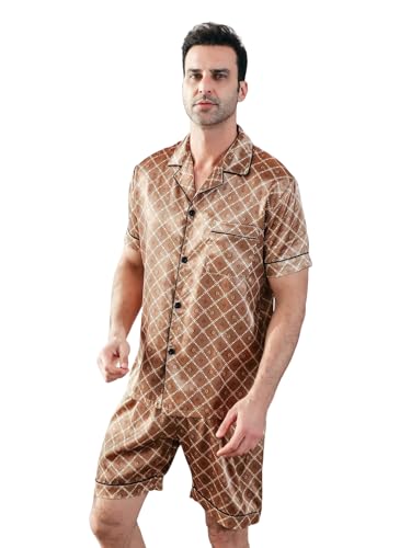 Mens Pajamas Silky Fabric Short Sleeve、 Shorts And Long Pants Loungewear Pijamas Para Hombres Button-Down Pj Set2