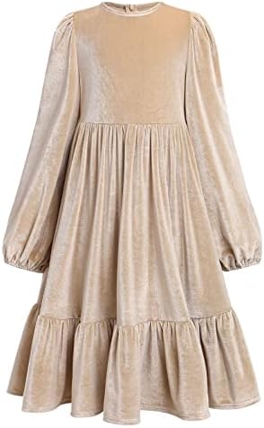 Girl Velvet Party Dress Long Sleeve Velvet Fall Winter Casual Dress Kids Vintage Velvet A-line Midi Dresses Little Girls Princess Holiday Party Velvet Ruffle Dress Beige 11-12 Years