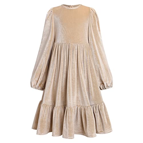 Girl Velvet Party Dress Long Sleeve Velvet Fall Winter Casual Dress Kids Vintage Velvet A-Line Midi Dresses Little Girls Princess Holiday Party Velvet Ruffle Dress Beige 11-12 Years #TOP1