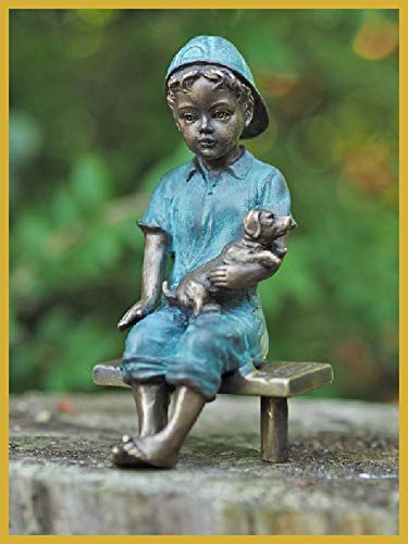 IDYL Bronze-Skulptur Junge mit einem Hund | 15x8x8 cm | Kinderfigur...