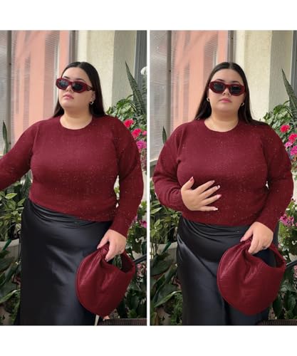 Image of CARCOS Plus Size Sweaters for Women Solid Crew Neck Knit Tops Casual Long Sleeve Pullover Sweater Sparkly Tunic Shirts