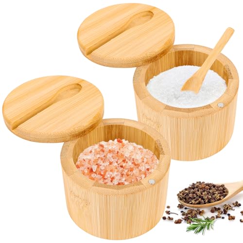 Byffoer 2 unidades de salero de bambú, recipiente de sal de 6 oz con tapa giratoria magnética y cuchara, caja de almacenamiento redonda para almacenamiento de sal, especias, pimienta, hierbas