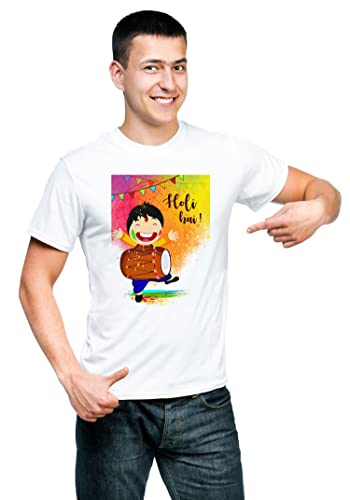 Image of Knitted Polycotton Fabric Regular Fit Men Boys Half Sleeve T-Shirt for Festival of Holi Style 14 White Size : Free