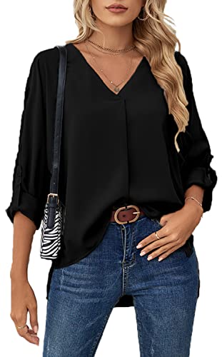 ASKSA Damen Bluse Chiffon Elegant V-Ausschnitt Langarm Hemd Business Casual Arbeit Oberteile Lose Langarmshirt Tops(Schwarz,L) Cover
