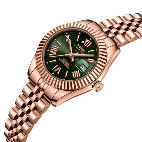 Image of NIBOSI Watches for Woman Analog Quartz Stainless Steel Diamond Rose Gold Green Small Dial Women Watches Classic Wrist Watch Date Waterproof