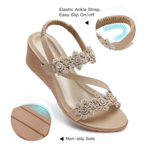 Image of SHIBEVER Wedge Sandals for Women Dressy: Summer Open Toe Low Platform Wedges Sandals Elastic Ankle Strap Flower Comfortable Casual Shoes