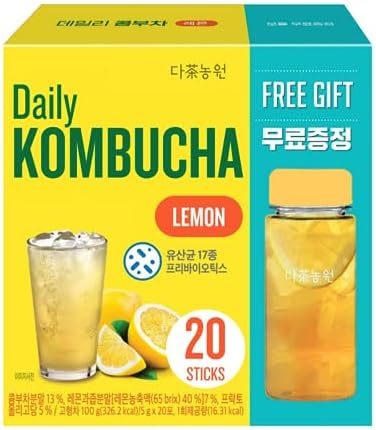 UNHA'S ASIAN SNACK BOX Garden Kombucha Tea, Powder 5g x 20 Sachets (100g/3.52oz) Probiotics, Prebiotics, Sugar Free, Balck Tea, Healthy Drink with Bottle (FREE BOTTLE SHAKER) (Lemon)