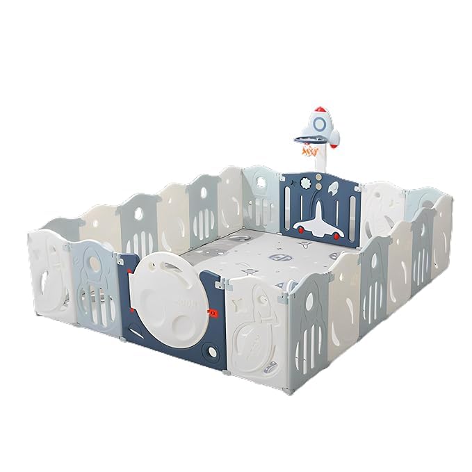 Image of 43 Sq Ft Space-Themed Baby Playpen with Soft Mat & Basketball | 18-Panel Extra Large Toddler Play Yard | Indoor /Outdoor Activity Center with Ball Pit | ISO 9001:2015 & CE | Blue-White