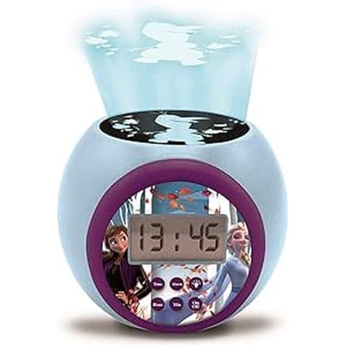 Lexibook Reloj despertador con proyector Disney Frozen 2 Anna Elsa con función de repetición y alarma, luz nocturna con temporizador, pantalla LCD, batería, azul/púrpura, color