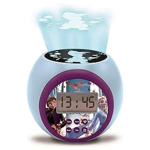 Lexibook Reloj despertador con proyector Disney Frozen 2 Anna Elsa con función de repetición y alarma, luz nocturna con temporizador, pantalla LCD, batería, azul/púrpura, color