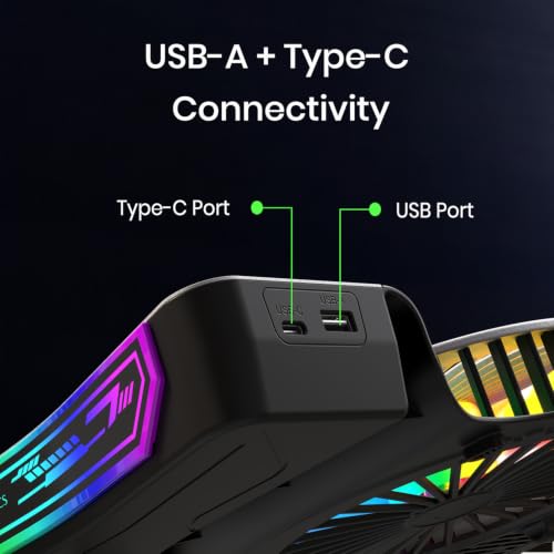 Image of Portronics AeroDock Pro Laptop Cooling Pad with High-Speed Fan, 115 CFM Airflow, 10 RGB Lighting Modes, Built-in Phone Holder, Adjustable Height, Noiseless Fans and Dual USB Ports, Black