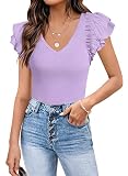 Picture of DOROSE Tops for Women Trendy Flutter Sleeve Top Summer Blouses Light Purple Large