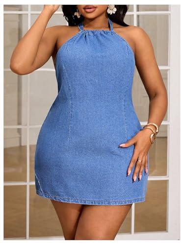 SOLY HUX Women's Plus Size Denim Halter Dress Tie Back Sleeveless Mini Summer Dresses4
