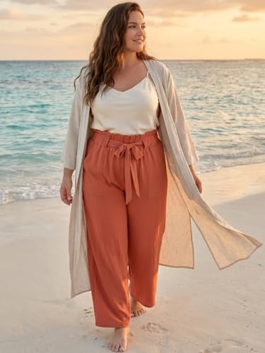 Image of OLRIK Women's Plus Size Pants Adjustable High Waisted Wide Leg Palazzo Pants Casual Trousers with Pockets Spring Clothes