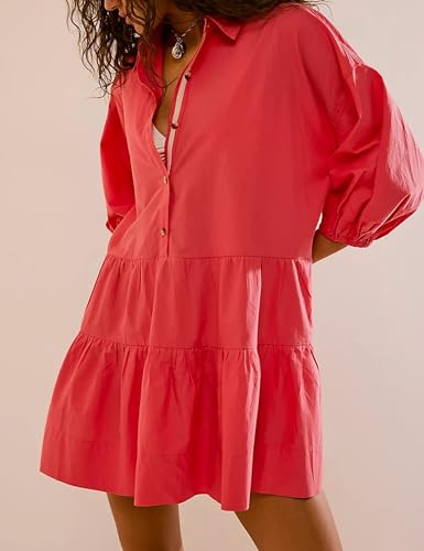 HangNiFang Women's Summer Babydoll Mini Dress Flowy Puff Sleeve Tiered Button Down Oversized Tunic Dress with Pockets3