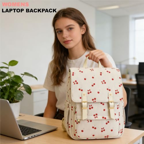 Image of Women Laptop Backpack, Corduroy 15.6 inch Travel Backpack for Work College Business, Teacher Nurse Bag with Large Capacity School Bookbag Bags for Girls - Cherry Bow Beige