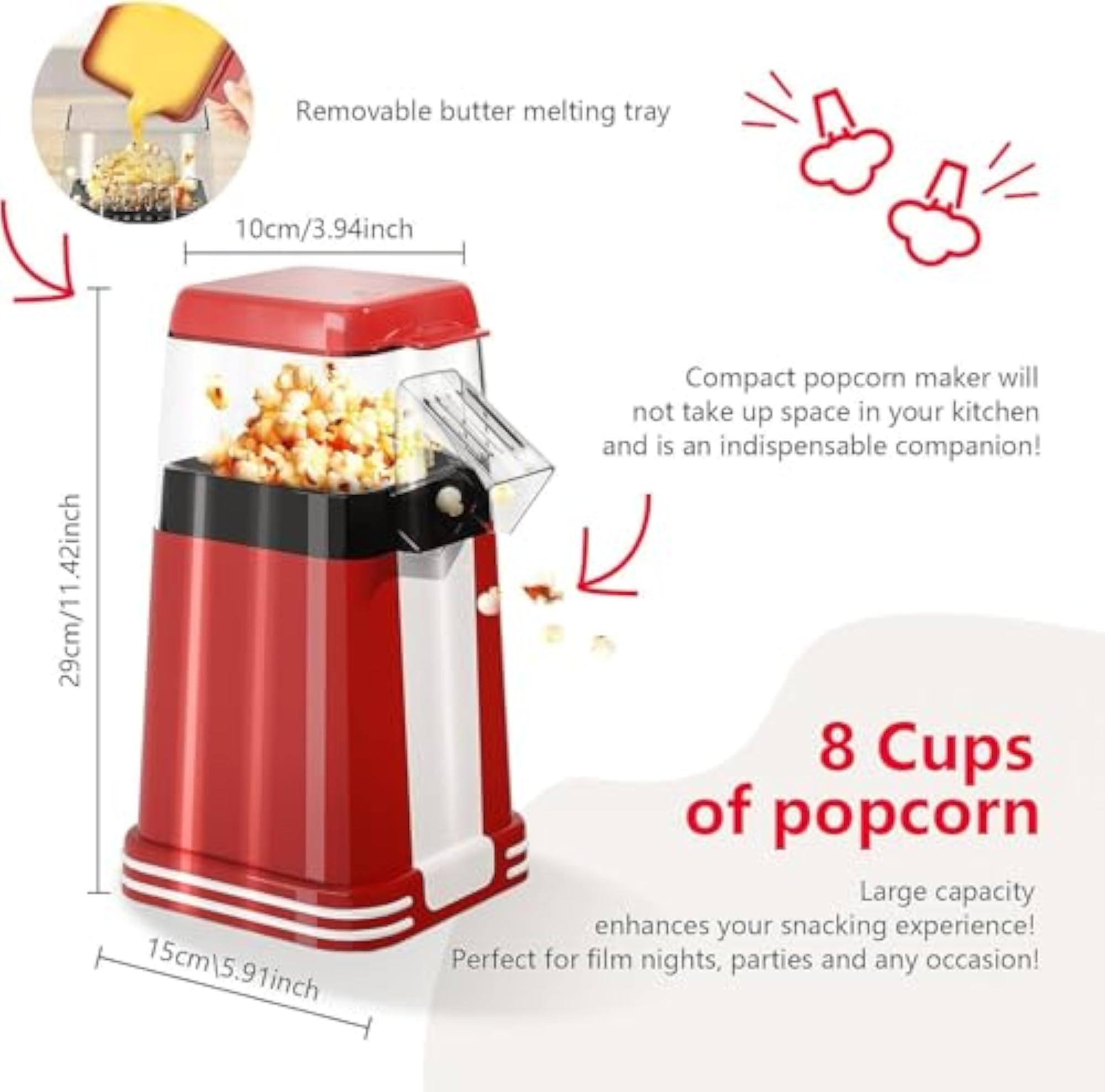 Hot Air Popcorn Maker 1200W, Oil-Free Electric Popper